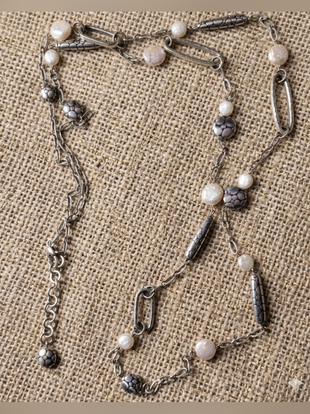 Brighton PEBBLE PEARL Silver Oval Barrel Links Long Necklace, NWOT 2496 - Picture 2 of 2